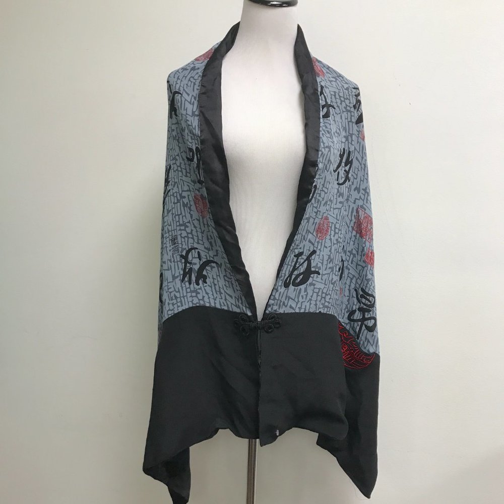 Asian print Silk gray black red embroidered long scarf shawl pockets one size